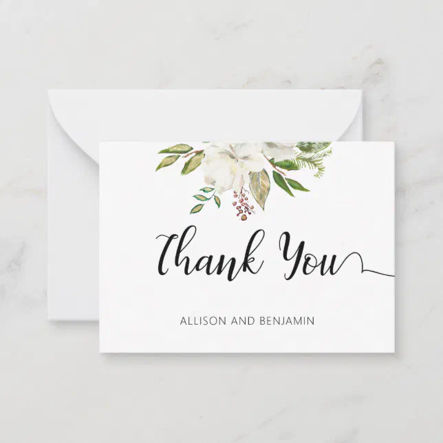 BUDGET Elegant Wedding White Floral Thank You Note Card | Zazzle