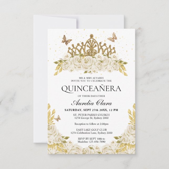 Budget Elegant White Floral Gold Tiara Quinceanera Note Card (Front)