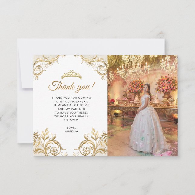 BUDGET Elegant White Gold Photo Quinceañera Note Card (Front)