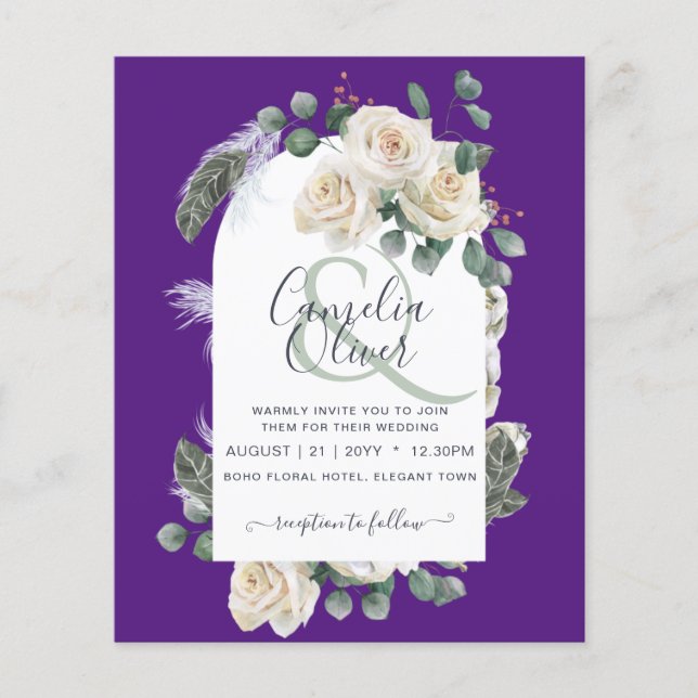 BUDGET Elegant White Roses Arch Wedding Invite Flyer (Front)
