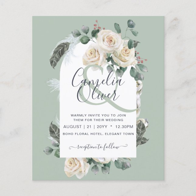 BUDGET Elegant White Roses Arch Wedding Invite Flyer (Front)