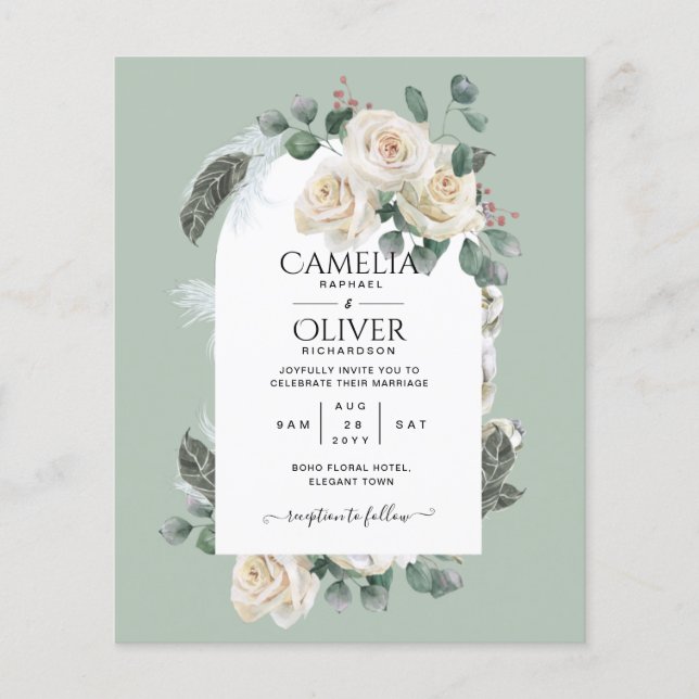 BUDGET Elegant White Roses Arch Wedding Invite Flyer (Front)