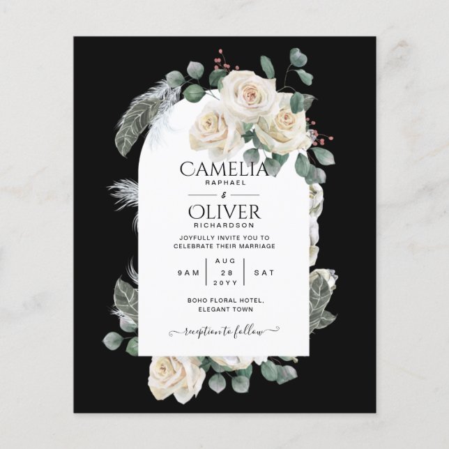 BUDGET Elegant White Roses Arch Wedding Invite Flyer (Front)
