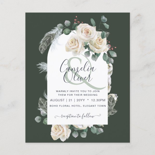 BUDGET Elegant White Roses Arch Wedding Invite Flyer (Front)