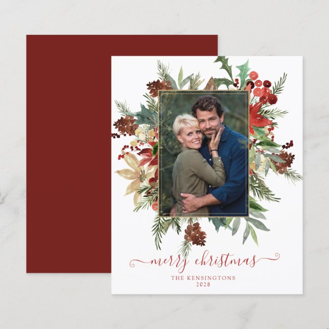 Budget Elegant Winter Floral Gold Christmas Photo (Front/Back)