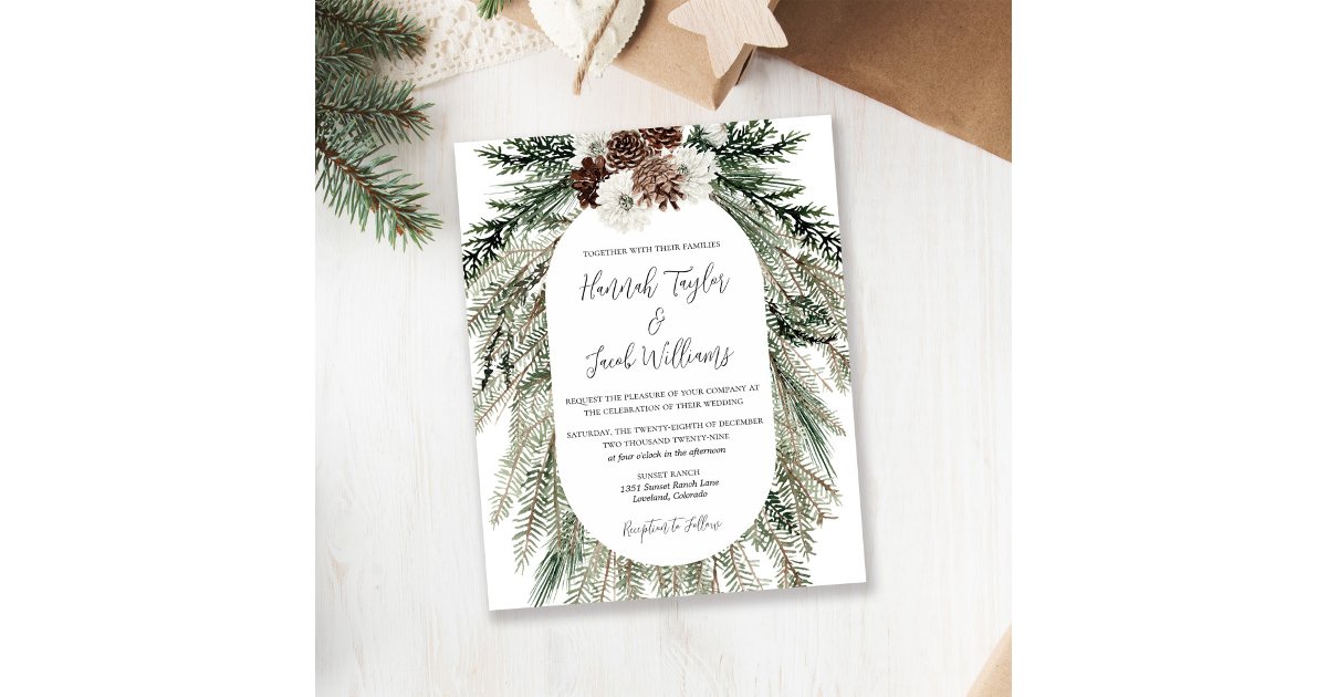 Budget Elegant Winter Pine Cone Wedding Invitation | Zazzle
