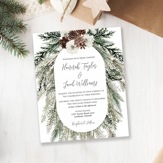 Budget Elegant Winter Pine Cone Wedding Invitation 