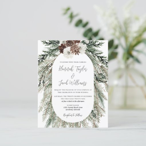 Budget Elegant Winter Pine Cone Wedding Invitation | Zazzle