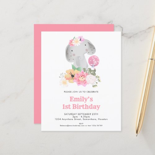 Budget Elephant 1st Birthday Pink Party Invitation