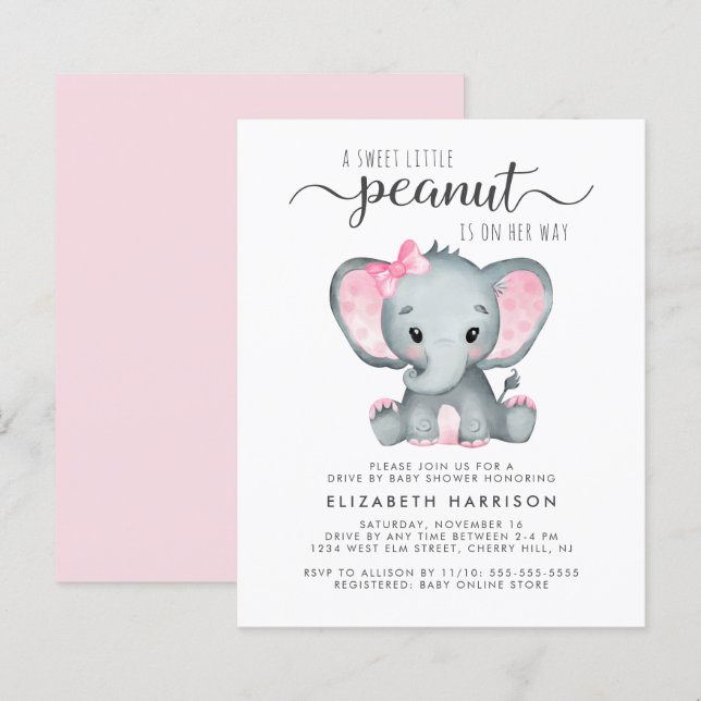Budget Elephant Baby Girl Drive By Shower Invite (Front/Back)