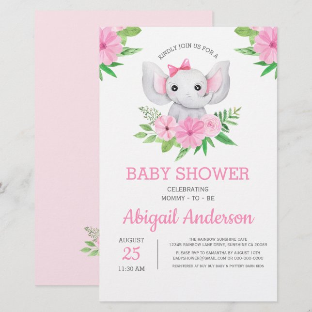 BUDGET Elephant Baby Shower Floral Invitation (Front/Back)