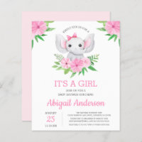 BUDGET Elephant Baby Shower Girly Invitation