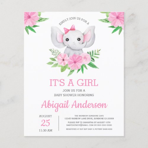 BUDGET Elephant Baby Shower Girly Invitation Flyer