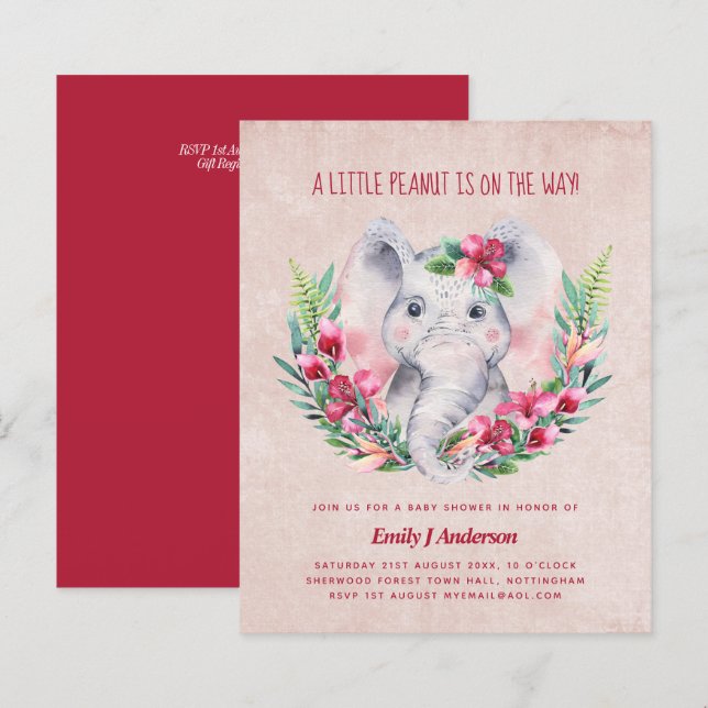 BUDGET Elephant Baby Shower Invite Safari (Front/Back)