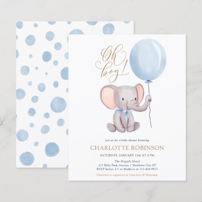 Budget Elephant Balloon Boy Baby Shower Invitation (Front/Back)