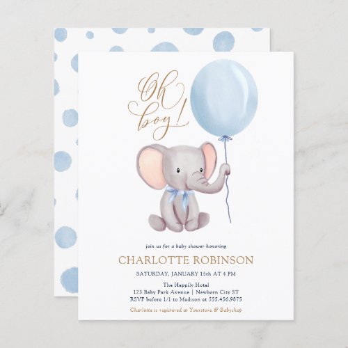 Budget Elephant Balloon Boy Baby Shower Invitation