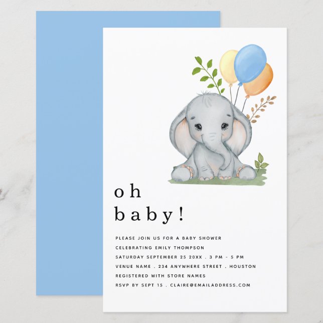 Budget Elephant Blue Boy Baby Shower Invitation (Front/Back)