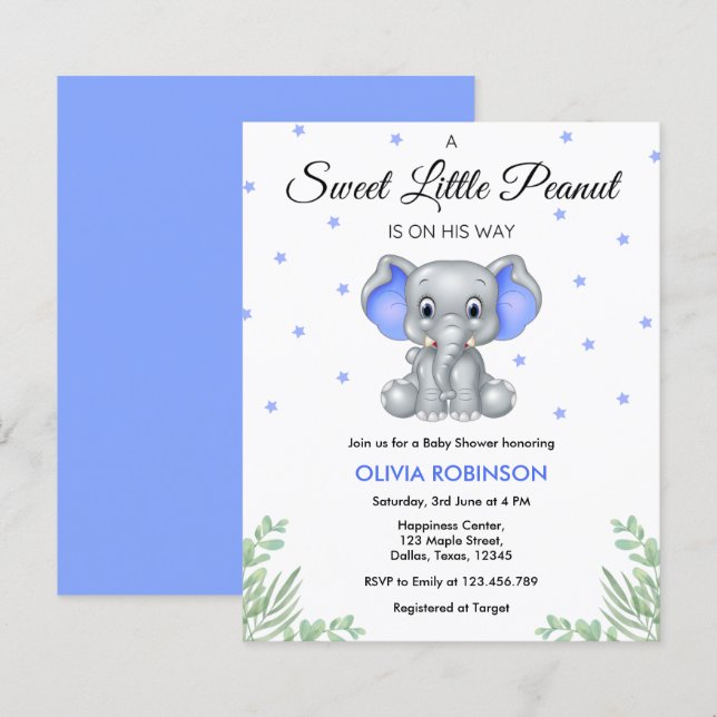 Budget Elephant Blue Boy Baby Shower Invitation  (Front/Back)