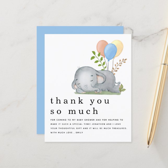BUDGET Elephant Blue Boy Baby Shower Thank You (Front/Back In Situ)