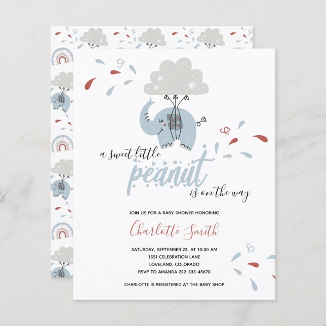 Budget Elephant Blue Boy's Baby Shower Invitation (Front/Back)
