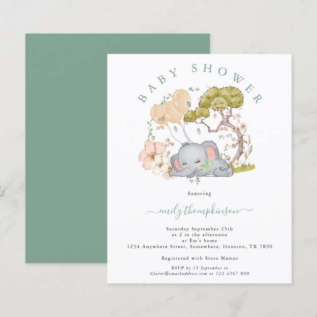 Budget Elephant Boy Sage Baby Shower Invitation (Front/Back)