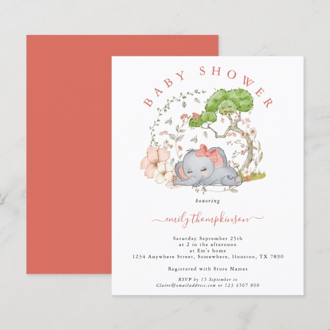 Budget Elephant Coral Girl Baby Shower Invitation (Front/Back)