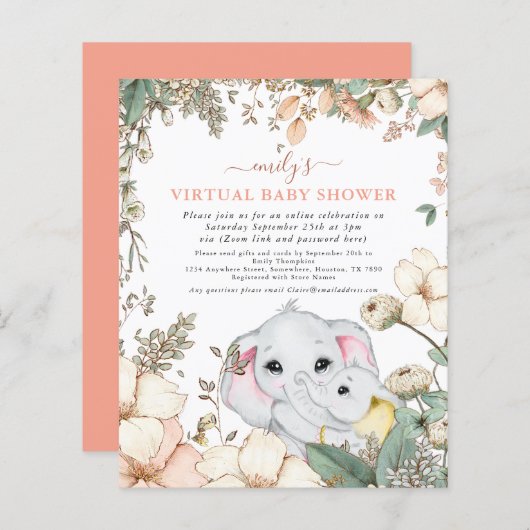 Budget Elephant Coral Virtual Baby Shower Invite (Front/Back)