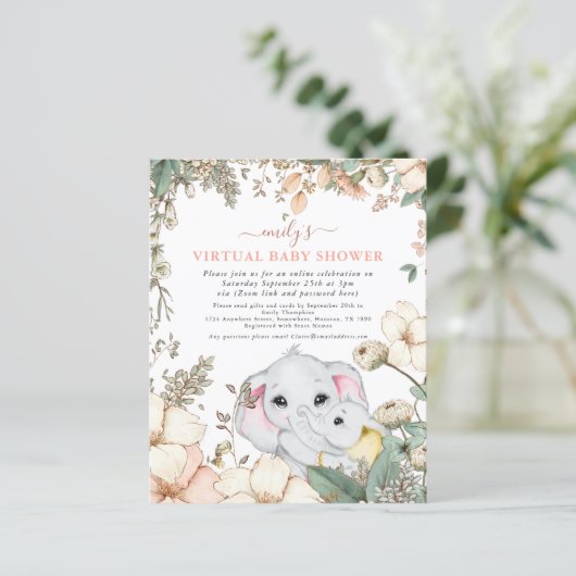 Budget Elephant Coral Virtual Baby Shower Invite (Standing Front)