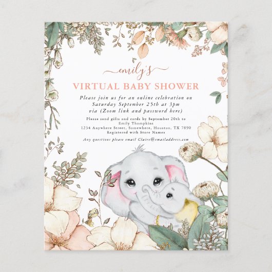 Budget Elephant Coral Virtual Baby Shower Invite (Front)
