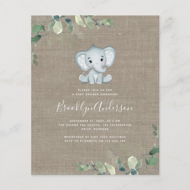 BUDGET Elephant Eucalyptus Baby Shower Invitation (Front)