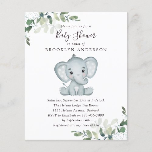 BUDGET Elephant Eucalyptus Baby Shower Invitation