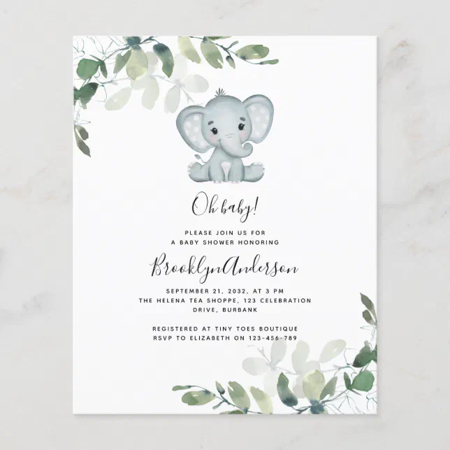 BUDGET Elephant Eucalyptus Baby Shower Invitation | Zazzle