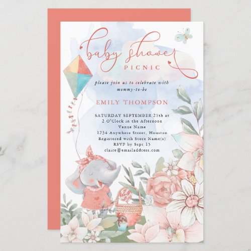 Budget Elephant Florals Baby Shower Picnic Invite