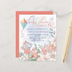 Budget Elephant Florals Baby Shower Picnic Invite