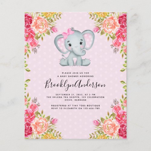 BUDGET Elephant Girl Baby Shower Invitation