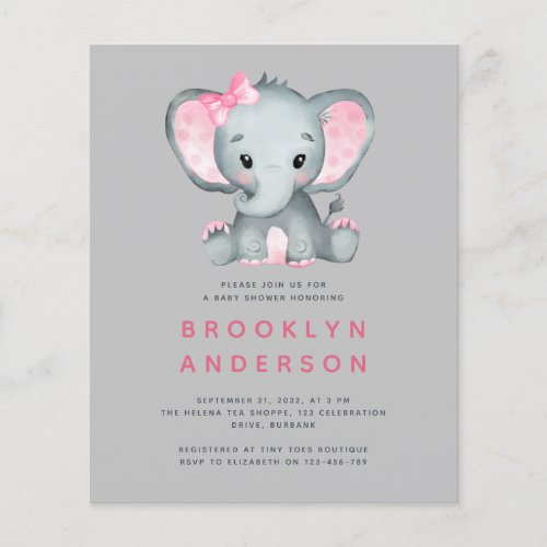 BUDGET Elephant Girl Baby Shower Invitation