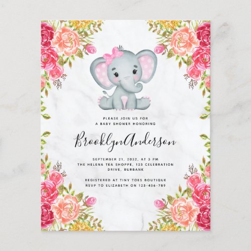 BUDGET Elephant Girl Baby Shower Invitation