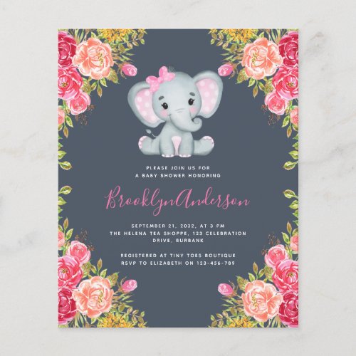 BUDGET Elephant Girl Baby Shower Invitation