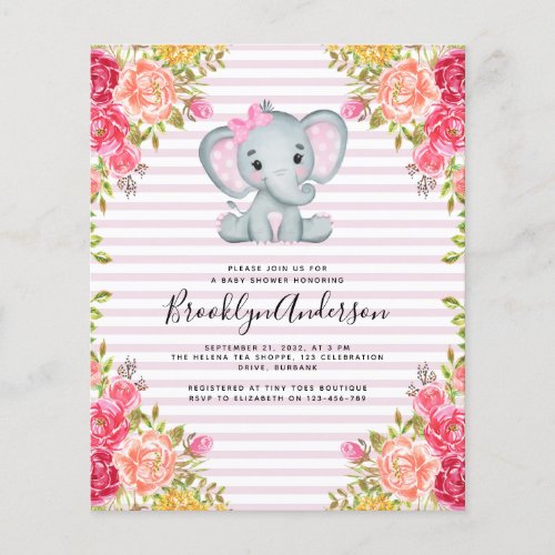 BUDGET Elephant Girl Baby Shower Invitation