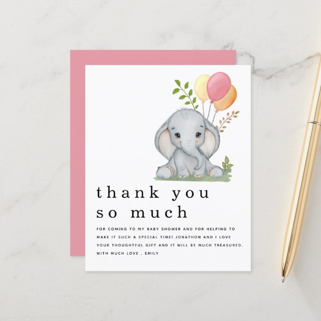 BUDGET Elephant Girl Baby Shower Pink Thank You (Front/Back In Situ)