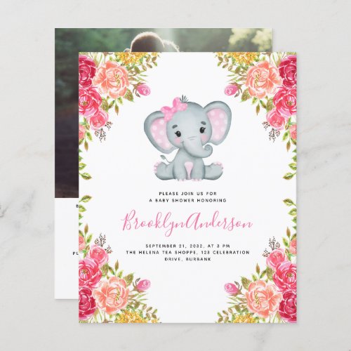 BUDGET Elephant Girl Photo Baby Shower Invitation