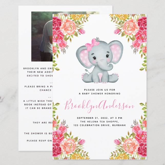 BUDGET Elephant Girl Photo Baby Shower Invitation (Front/Back)