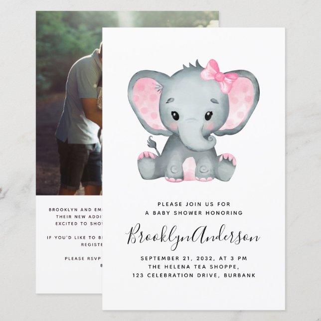BUDGET Elephant Girl Photo Baby Shower Invitation (Front/Back)