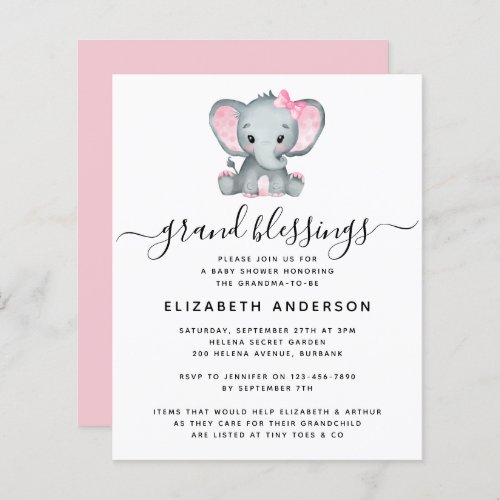 BUDGET Elephant Grandma Baby Shower Invitation