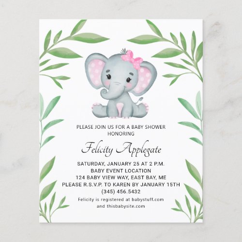 Budget Elephant Greenery Girl Baby Shower Invite