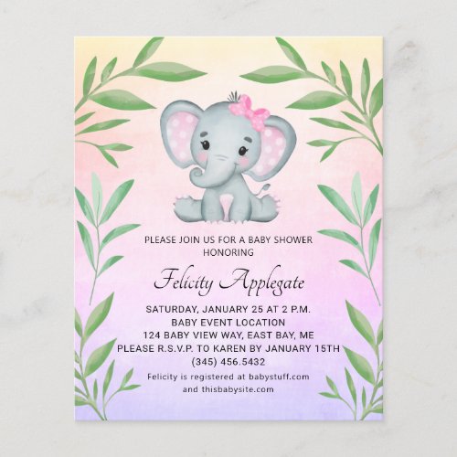 Budget Elephant Greenery Girl Baby Shower Invite