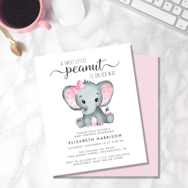 Budget Elephant Pink Baby Girl Sprinkle Invitation