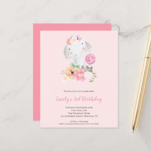 Budget Elephant Pink Girl 3rd Birthday Invitation