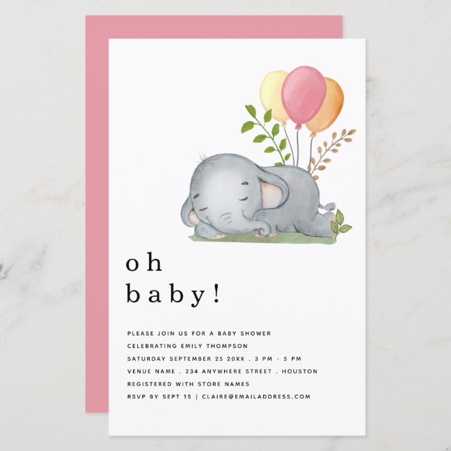 BUDGET Elephant Pink Girl Baby Shower Invitation (Front/Back)