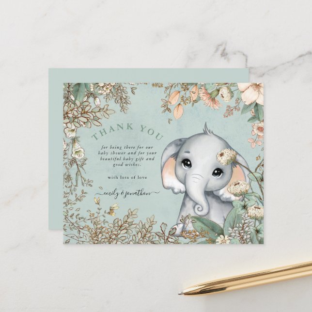 Budget Elephant Powder Blue Baby Shower Thank You (Front/Back In Situ)